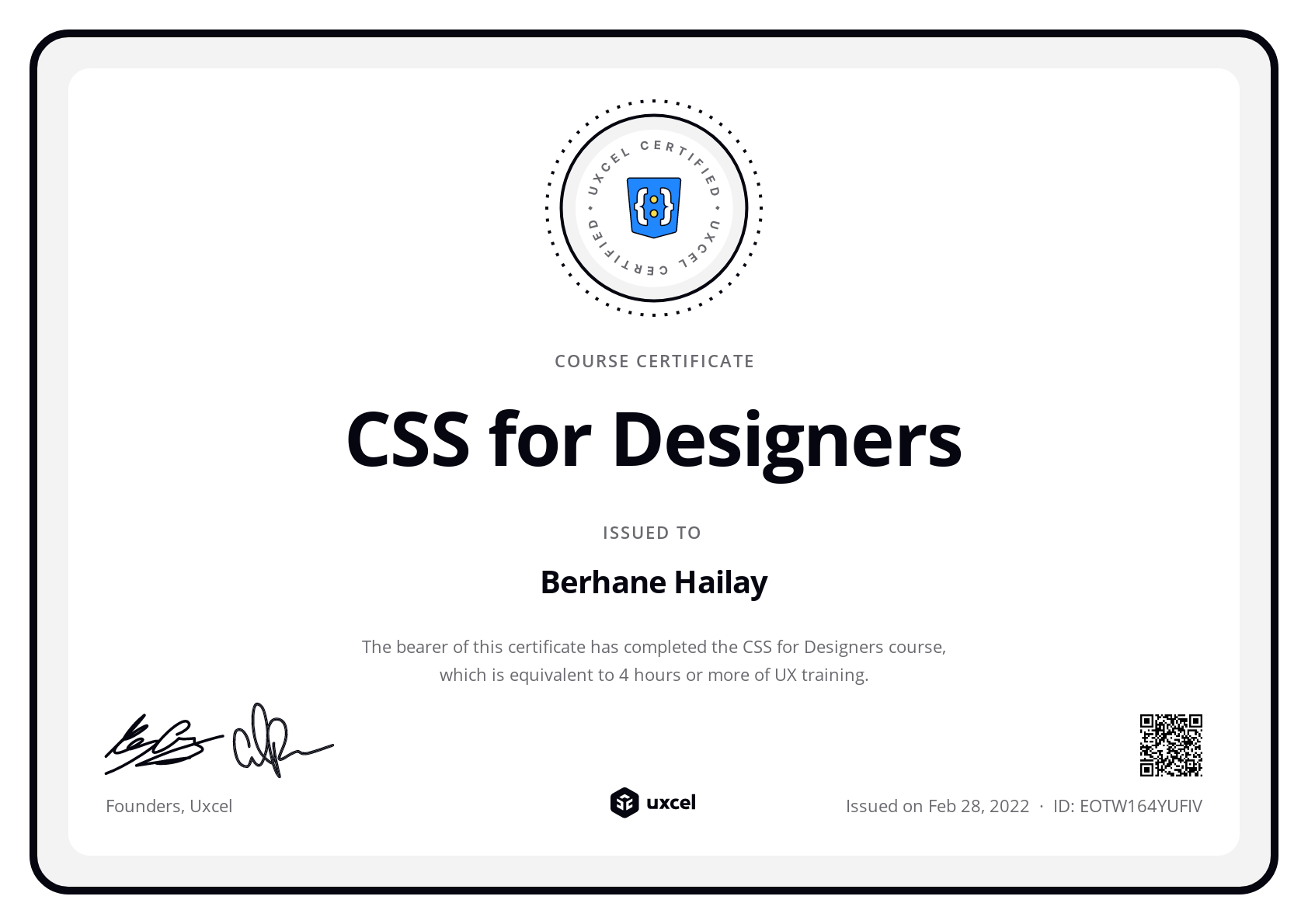 Berhane Hailay's certificate